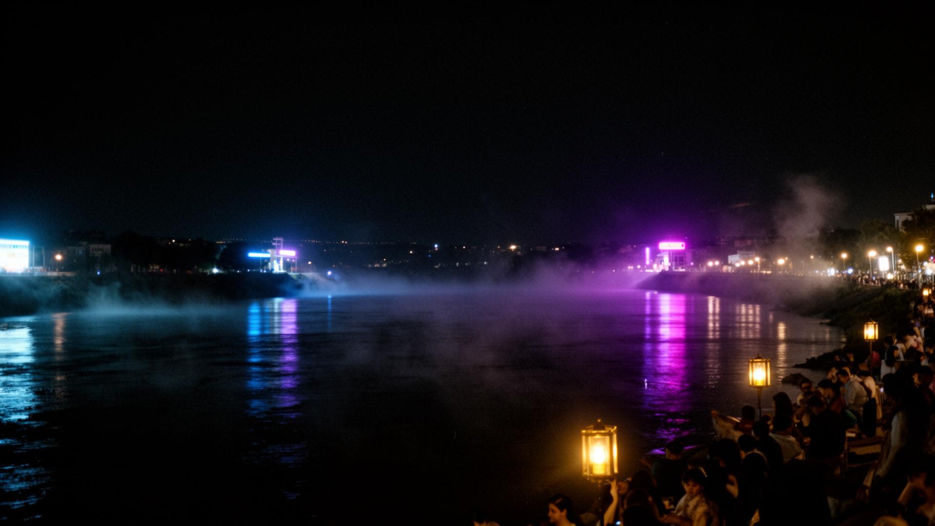 Danube river at night with neon reflections